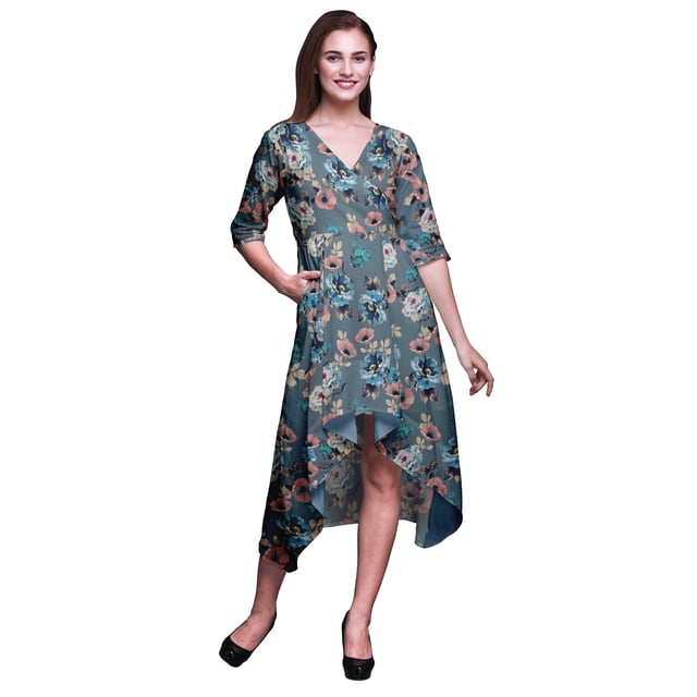 Bimba Robe Asymétrique en Coton Bleu Pivoine & Buttercup à Fleurs pour Femmes avec Poches Robe Midi Décontractée-X-Grand