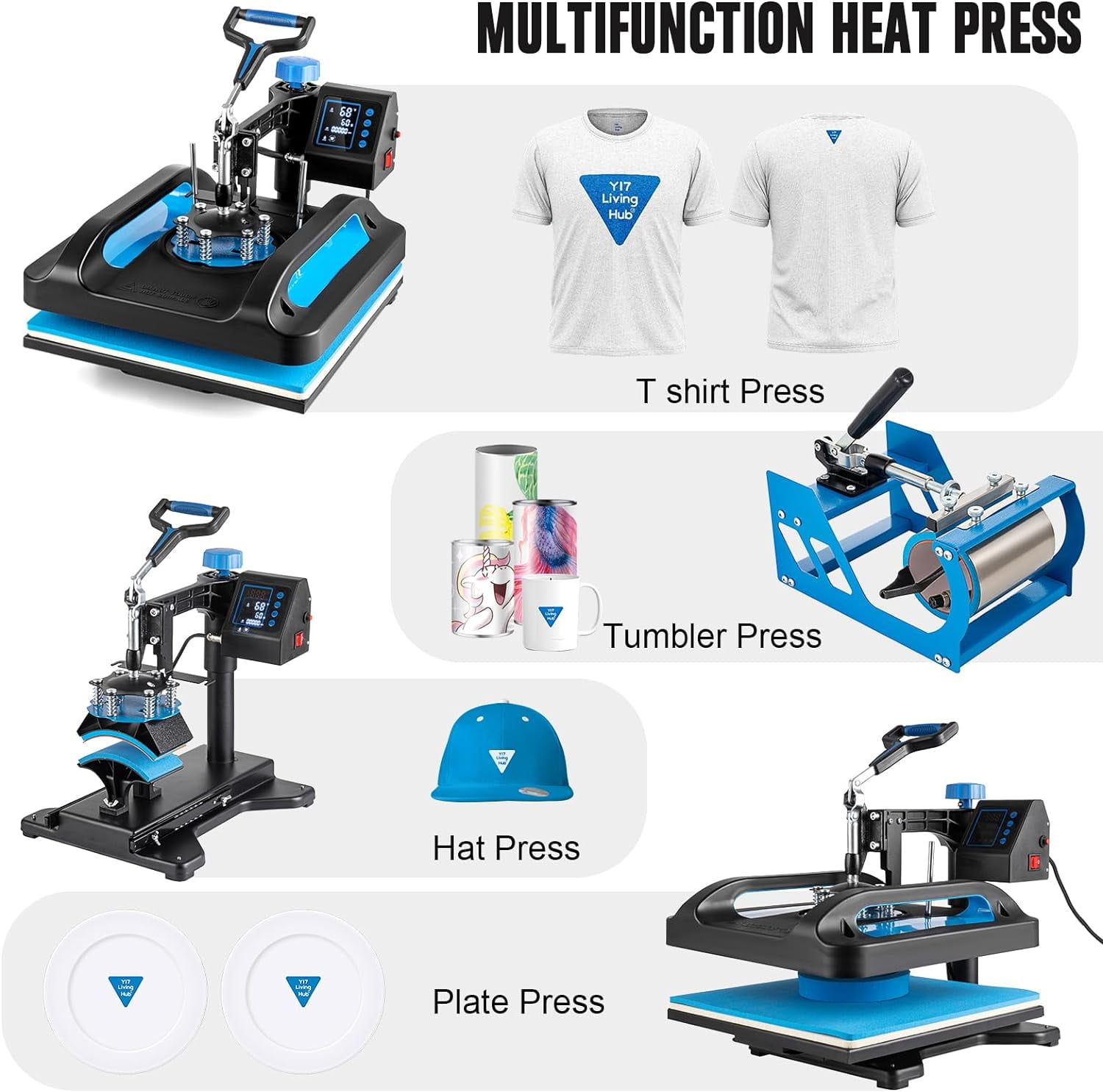 SHZOND Protable Heat Press 15x15 Inch, 8 in 1 Heat Press Machine with 30OZ Tumbler Press,Swing Away T Shirt Pressing Machine, Combo Tumbler Heat Press Machine Sublimation for T-Shirt Hat Mug Plate