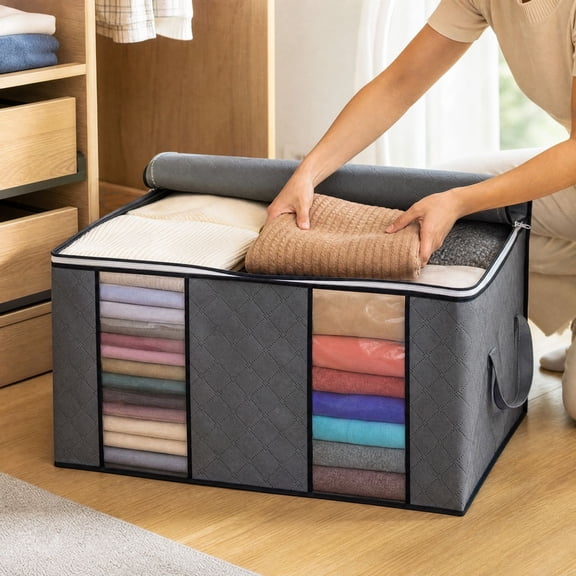 6 Pack Clothes Storage Bags Foldable Clear Window Reinforced Handles, Bedroom Organizing