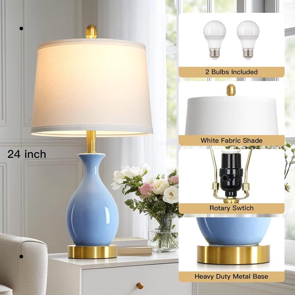 24" Light Blue Ceramic Table Lamps Set of 2, Modern Classic Bedside Lamps for Bedroom Nightstand, Small Table Lamp for Living Room Side Table (2 LED Bulbs Included)
