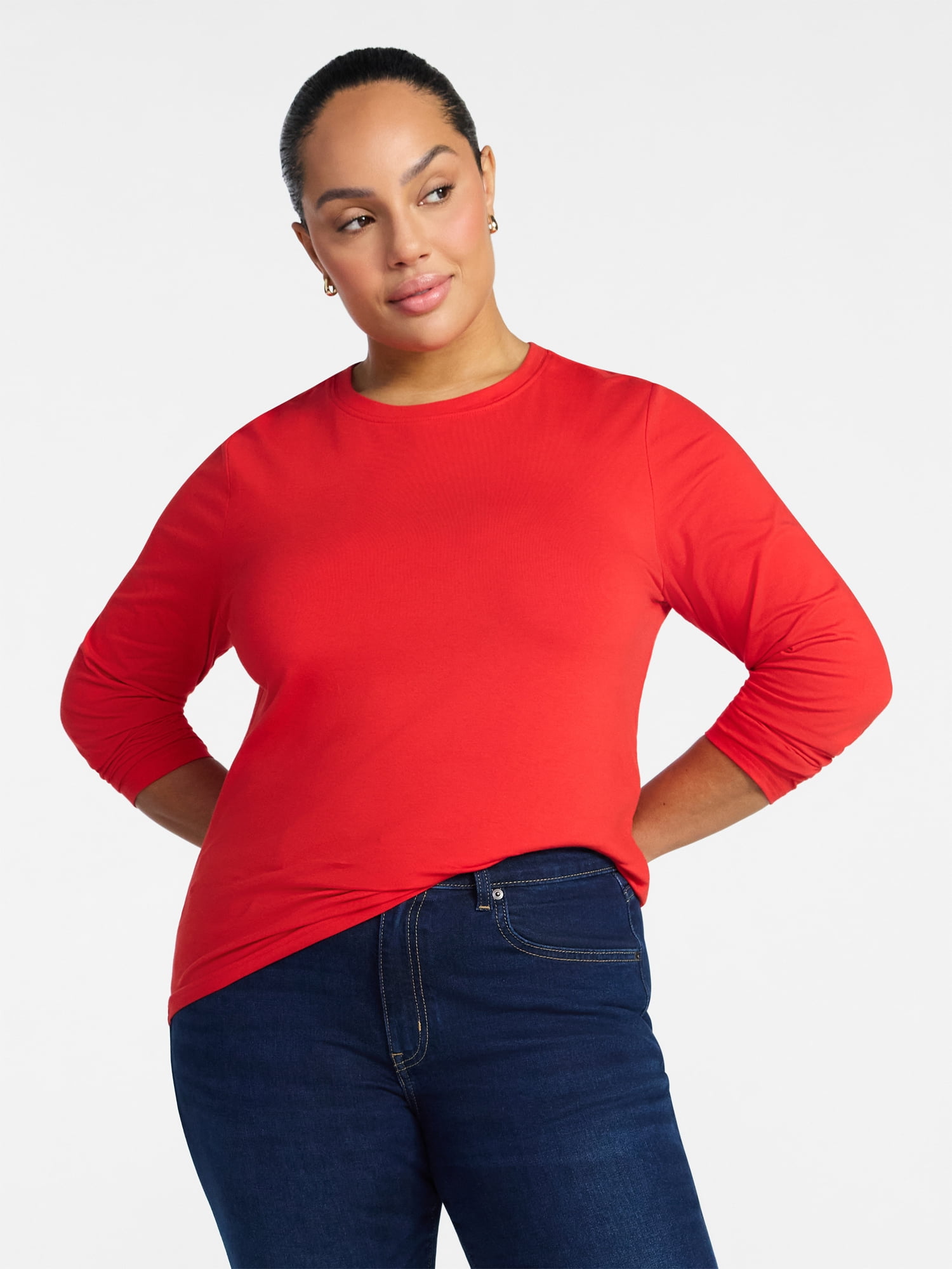 Time and Tru Women's Slim Crewneck Tee with Long Sleeves, Sizes XS-XXXL
