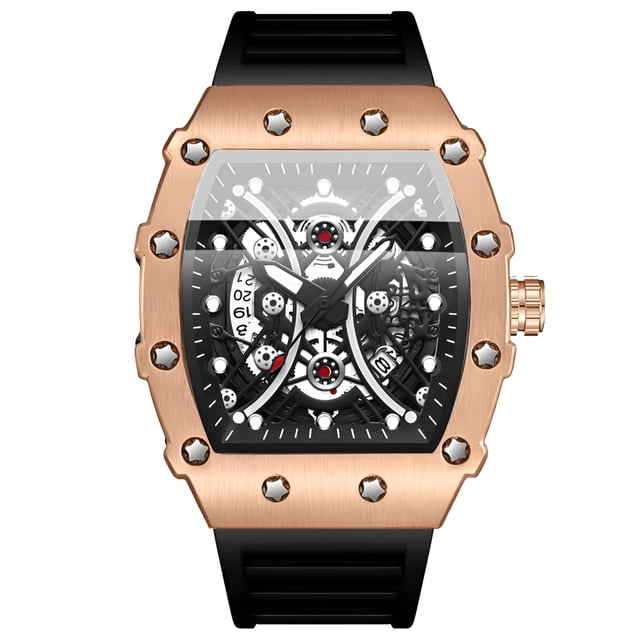 Reloj de Cuarzo Esqueleto Tonneau para Hombre, Correa de Silicona Impermeable Luminosa Estilo de Carreras