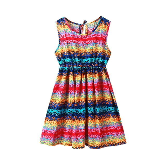 Kcodviy Robes de Noël à Col Rond pour Tout-Petites Filles, Été, Sans Manches, Décontractées, Robes de Noël pour Enfants, Plage, Imprimés Floraux, Robe de Fête avec Drapeau pour Enfants, Robe