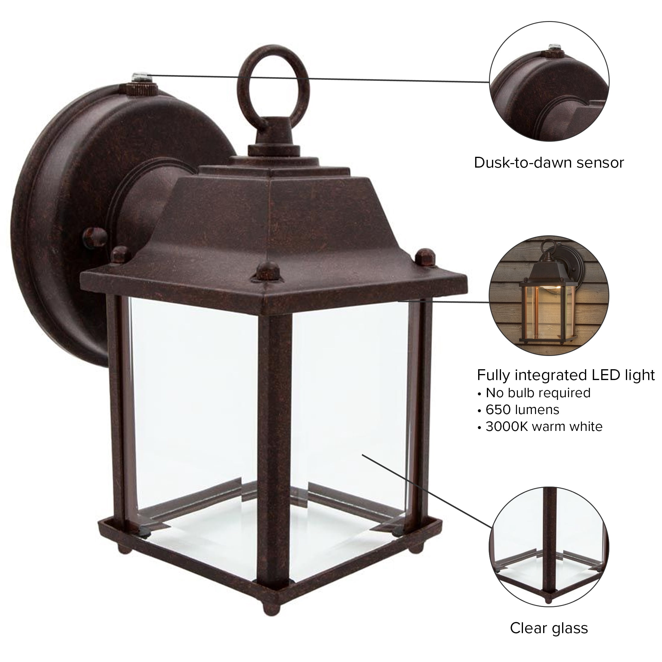 Maxxima LED Porch Lantern Outdoor Wall Light, Aged Bronze w/ Clear Glass, Dusk to Dawn Sensor, 650 Lumens, 3000K Warm White