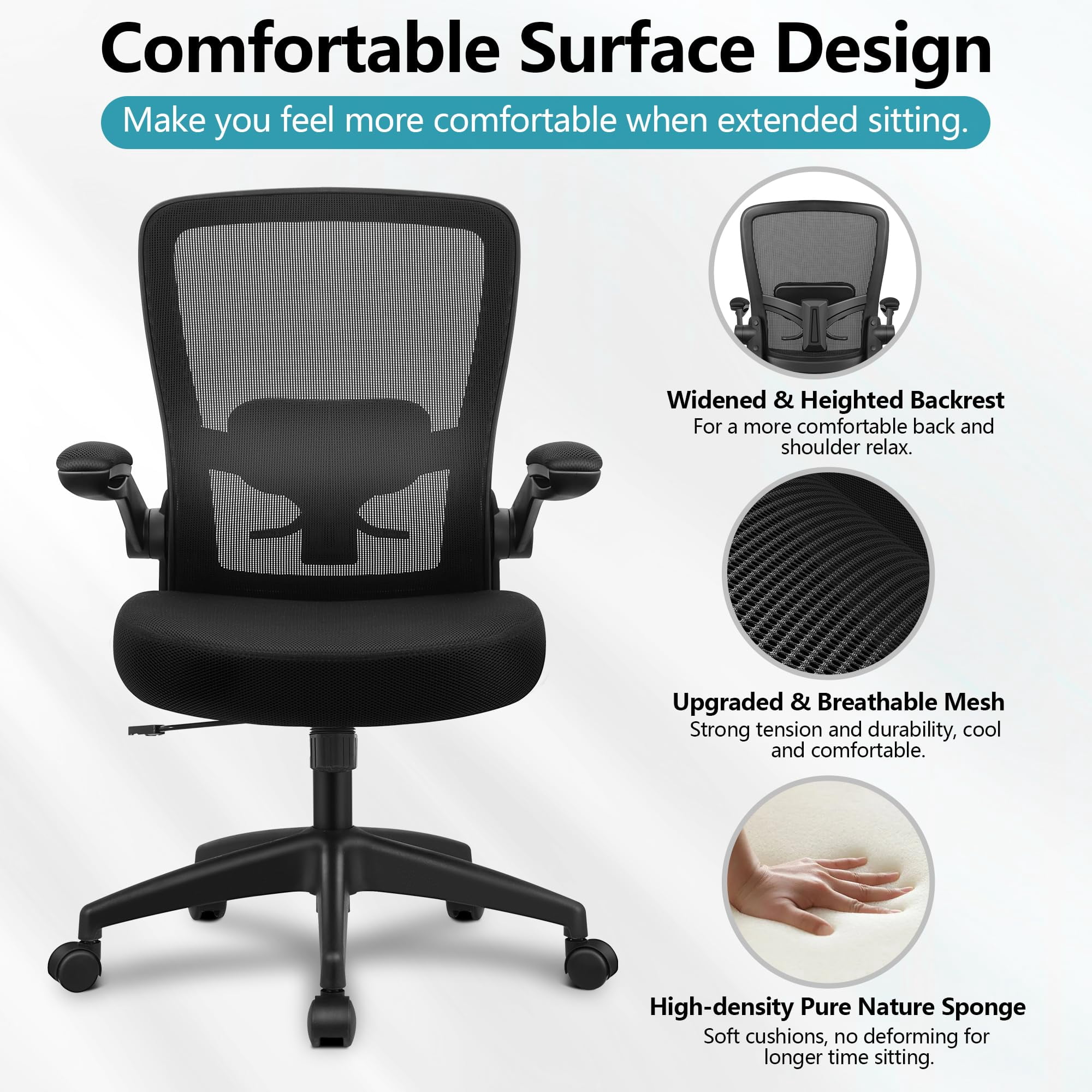 Office Chair, Ergonomic Desk Chair Breathable Mesh Chairs Adjustable High Back Lumbar Support Flip-up Armrests, Executive Rolling Swivel Comfy Computer Chairs Home Office Black