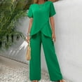 thumbnail image 2 of Duoif Womens Summer Outfits Women's Two Piece Outfits Irregular Short Sleeve Crew Neck Pullover Top Elastic Waist Wide Leg Pull on Pants Set with Pockets Pant Suits for Women Dressy Green M, 2 of 8