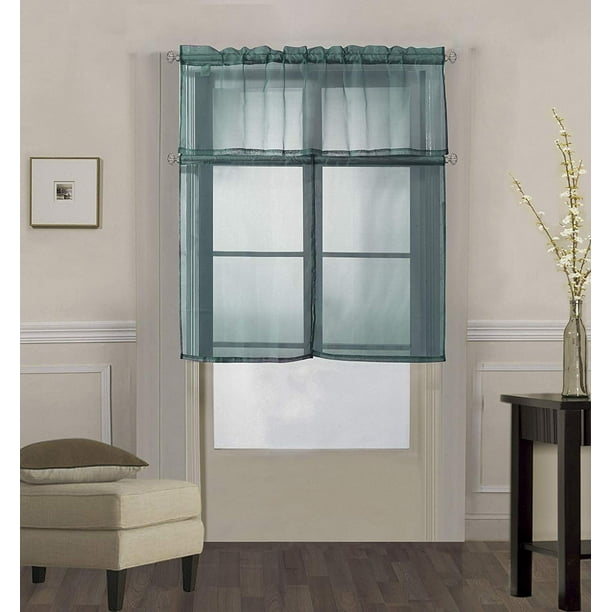 Decotex 3 Piece Solid Sheer Voile Kitchen Window Curtain Tier & Valance Set (36" Tiers with 18