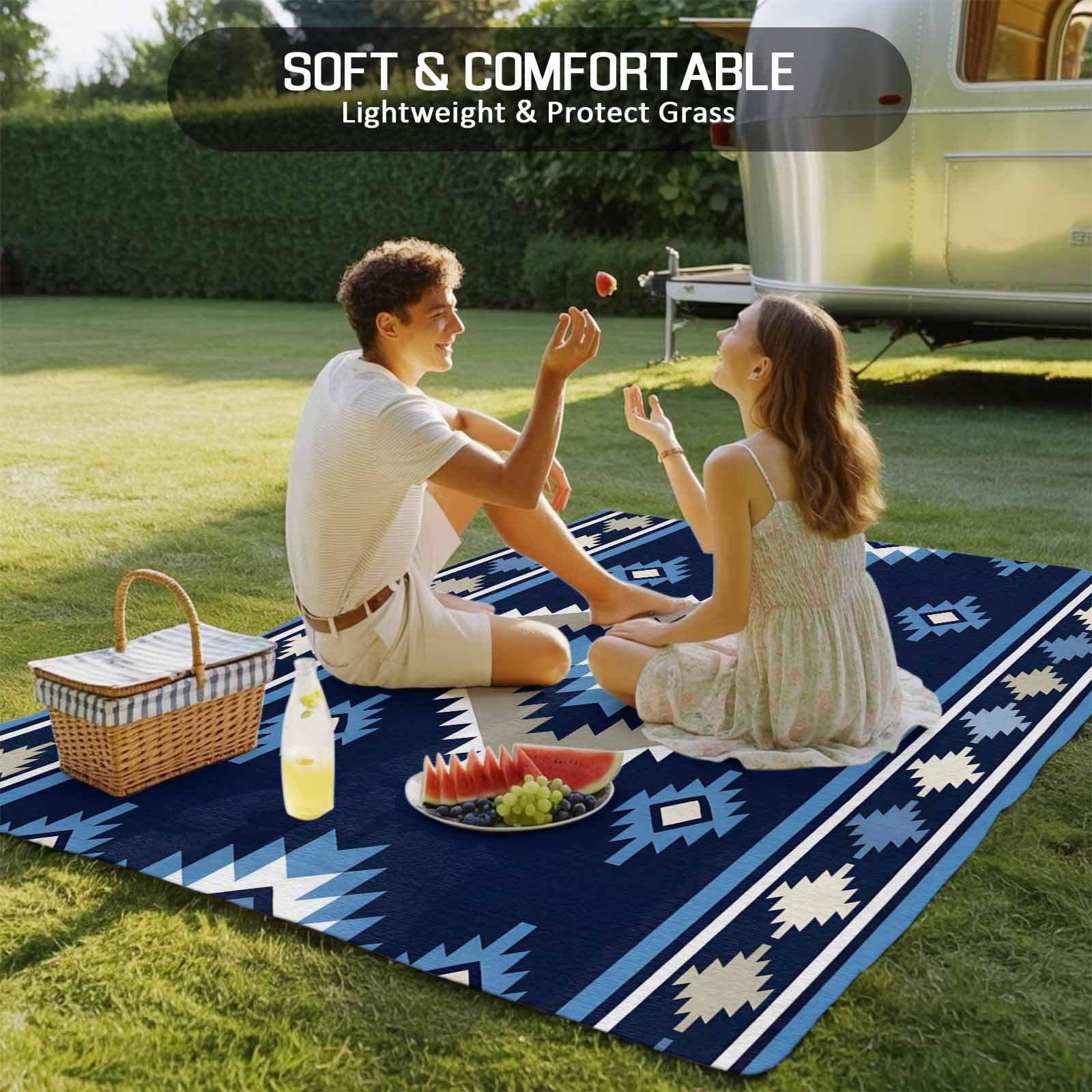 Fsddascl Blue Boho Outdoor Rug for Patio/Deck/Porch, Non-Slip Large Area Rug 4 x 6 Ft, Farmhouse Neutral Abstract Geometric Motifs Indoor Outdoor Rugs Washable Area Rugs, Camping Rug Carpet Runner