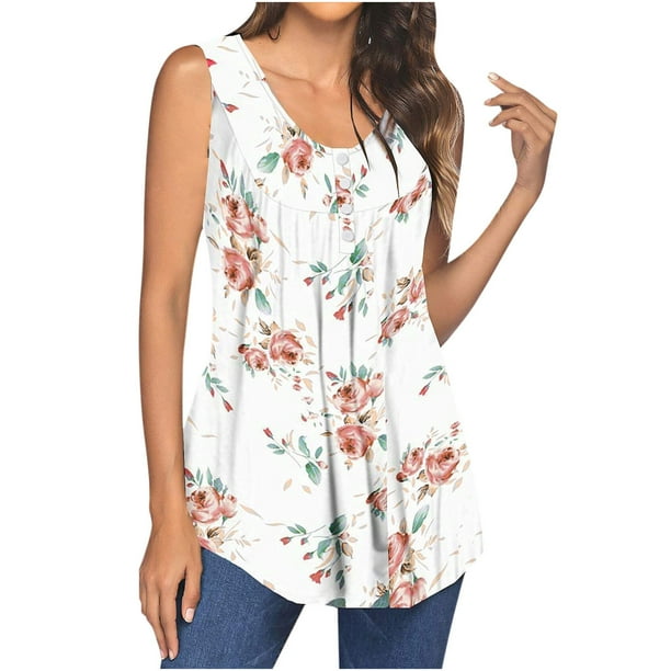 Tops estampados en color sólido sin mangas con botones y cuello redondo a la moda para mujer Fridja qr3263