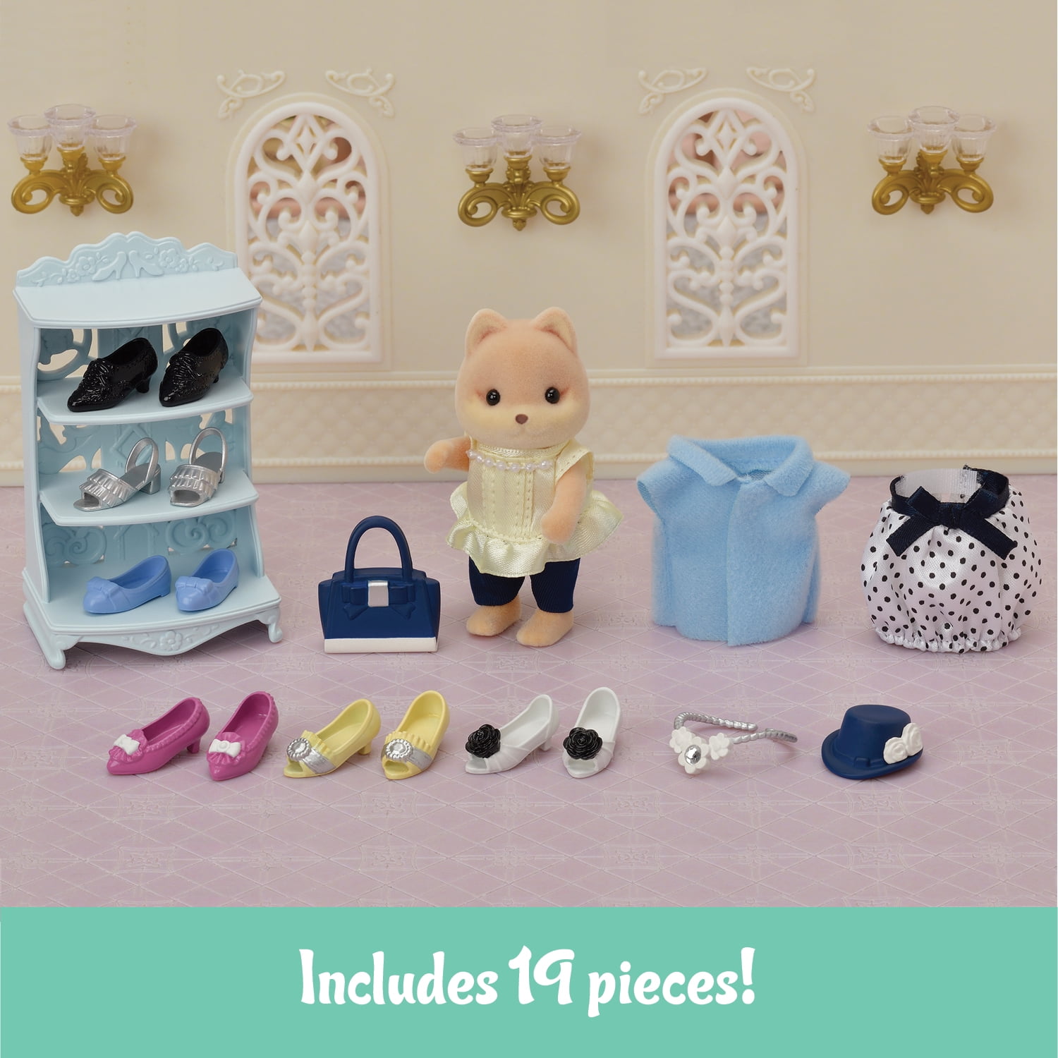 Calico Critters Fashion Playset Shoe Shop Collection, Dollhouse Playset with Caramel Dog Figure and Fashion Accessories