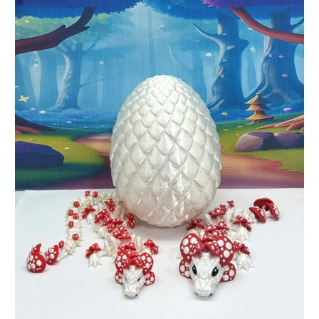 3D Printed Articulated Mother and Child Dragons in Dragon Egg, White and Red Mushroom Dragon, Fidget ADHD Toy