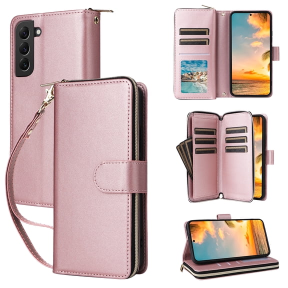 for Samsung Galaxy S22 Crossbody Wallet Case with 9 Card Holders, Cash Slot, Photo Slot, Zipper Pocket PU Leather Magnetic Snap Wallet Phone Case with Flip Stand & Wrist Strap & Lanyard, Rosegold