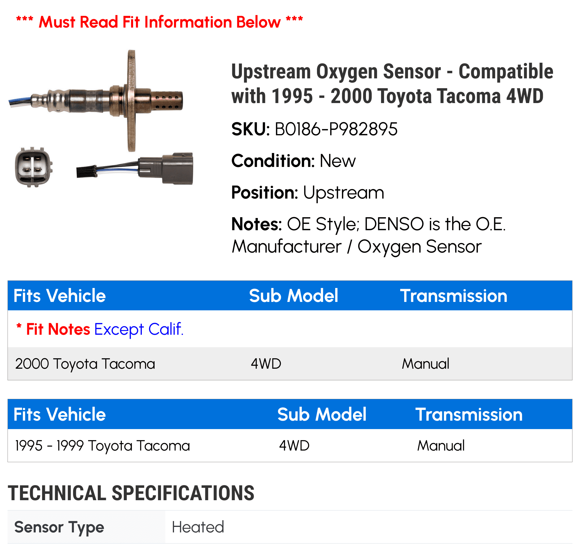 Upstream Oxygen Sensor - Compatible with 1995 - 2000 Toyota Tacoma 4WD 1996 1997 1998 1999