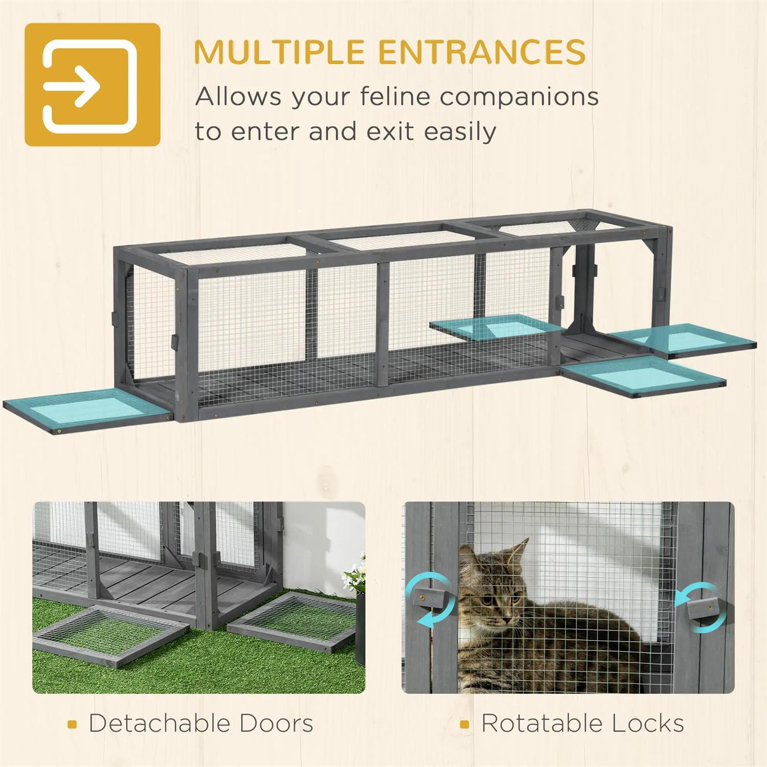 Pefilos 59" Outdoor Cat Tunnel with Weather Protection, Connecting Inside and Outside, Wooden Catio House for Deck Patios, Balconies, Indoor Cat Enclosure, Gray