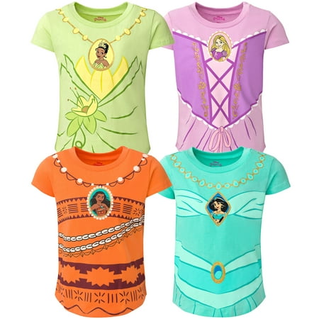

Disney Princess Ariel Moana Jasmine Belle Cinderella Aurora Tiana Girls 4 Pack Graphic T-Shirts Toddler to Big Kid
