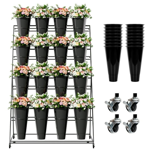 Flower Display Stand with 16 Buckets, 4 Layers Flower Cart White Metal Flower Bar Stand with Wheels, Moving Florist Bouquet Shelf for Indoor Outdoor Patio Garden Weddings Florist Living Room