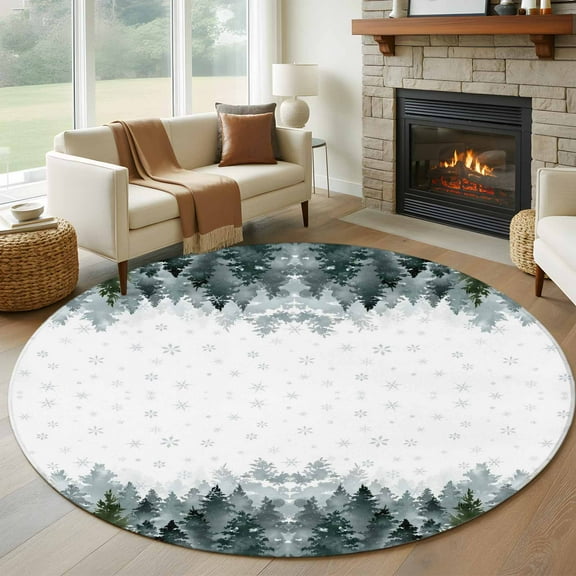 Christmas Tree Round Rug 5ft Washable Circle Kitchen Rugs Non Slip Winter Snowflakes Xmas Pine Tree Large Area Rug Indoor Floor Carpet for Bedroom Living Room Home Office Dining Room Nursery