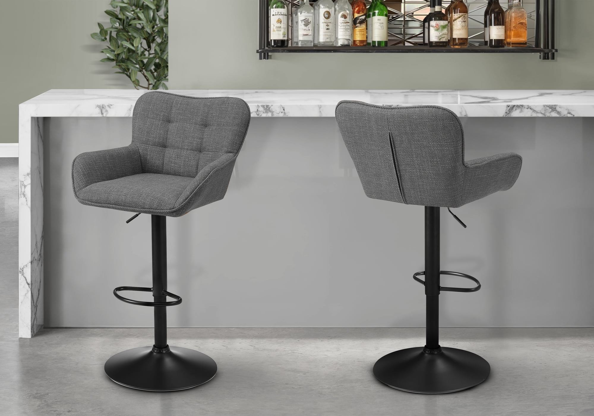 Monarch Specialties - Tabouret De Bar, Ensemble De 2, Réglable, Pivotant, Hauteur Bar, Hauteur Du Comptoir, Cuisine, Tissu Gris, Métal Noir, Contemporain, Moderne