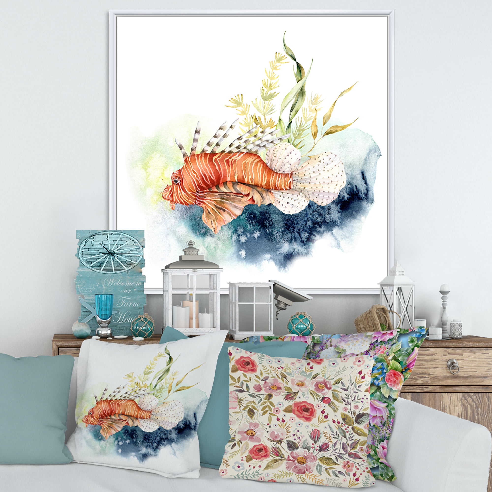 Designart 'Kelp and Lionfish With Coral Reef and Laminaria' Nautical & Coastal Framed Canvas Wall Art Print