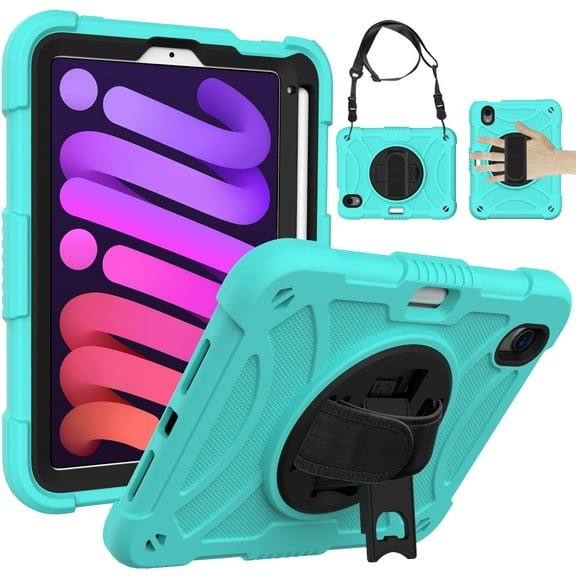 ELEHOLD Rugged Case for iPad Mini 6th Generation 2021, Dual-Layer Heavy Duty Shockproof Case with 360° Rotatable Foldable Kickstand Handstrap Crossbody Shoulder Strap Pencil Holder,Mint
