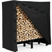 Smile Mart 48.5" Metal Firewood Log Rack with Protective Cover for Outdoor Patio, Black
