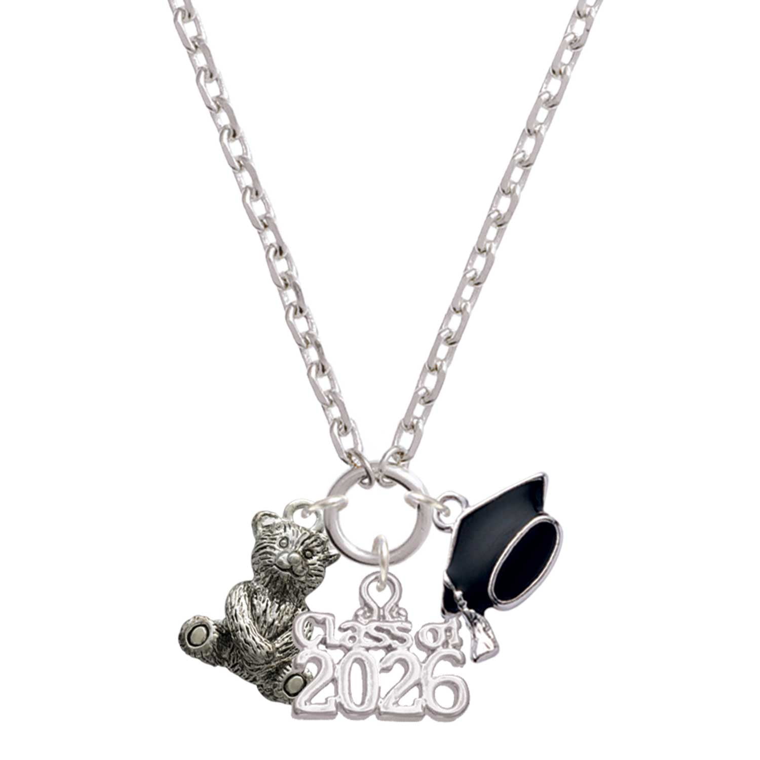 Delight Jewelry Silver-tone Teddy Bear - Class of 2026 Graduation Zoey Charm Necklace, 28"
