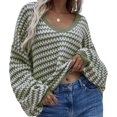 thumbnail image 3 of Womens Loose Crewneck Long Sleeve Stripped Off the Shoulder Knitted Solid Pullover Fall Jumper Tops Dark Green L, 3 of 7