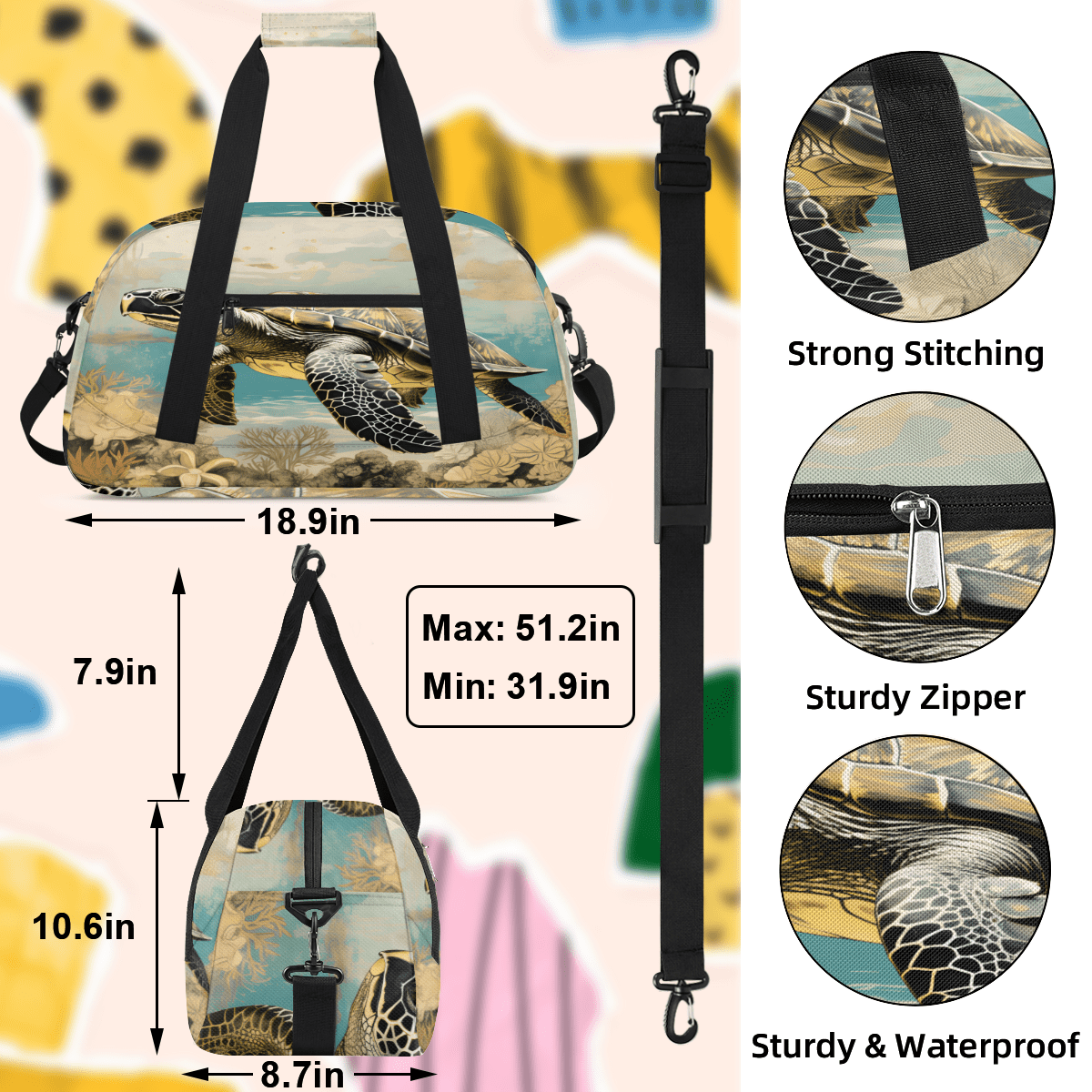 Herdesigns Sea Turtle Sports Duffle Bag for Women & Men, Vintage Sea Turtle Gym Bag Dance Bag Overnight Bag Carry On Weekender Travel Bag