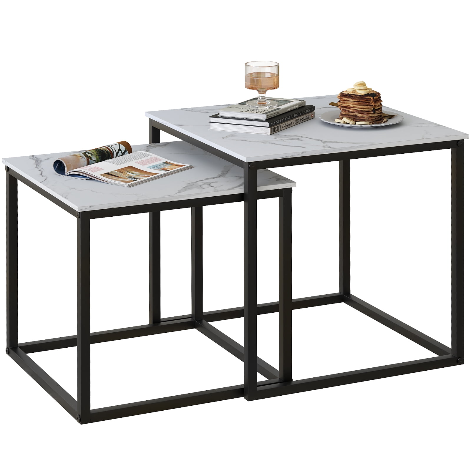 Coffee Table Set of 2, Modern Glass Nesting Table, Metal Frame Square Center Table Set, Side Tables, Nesting Coffee Table for Living Room, Bedroom and Small Spaces, 19.7in Black