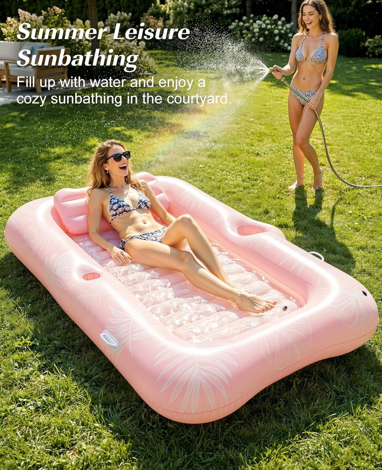 Inflatable Tanning Pool Lounger Float, Suntan Tub for Adults, Blow Up Sunbathing Pool with Integrated Pillow and Cup Holder, Heavy Duty Tanning Bed for Backyard Lake Beach