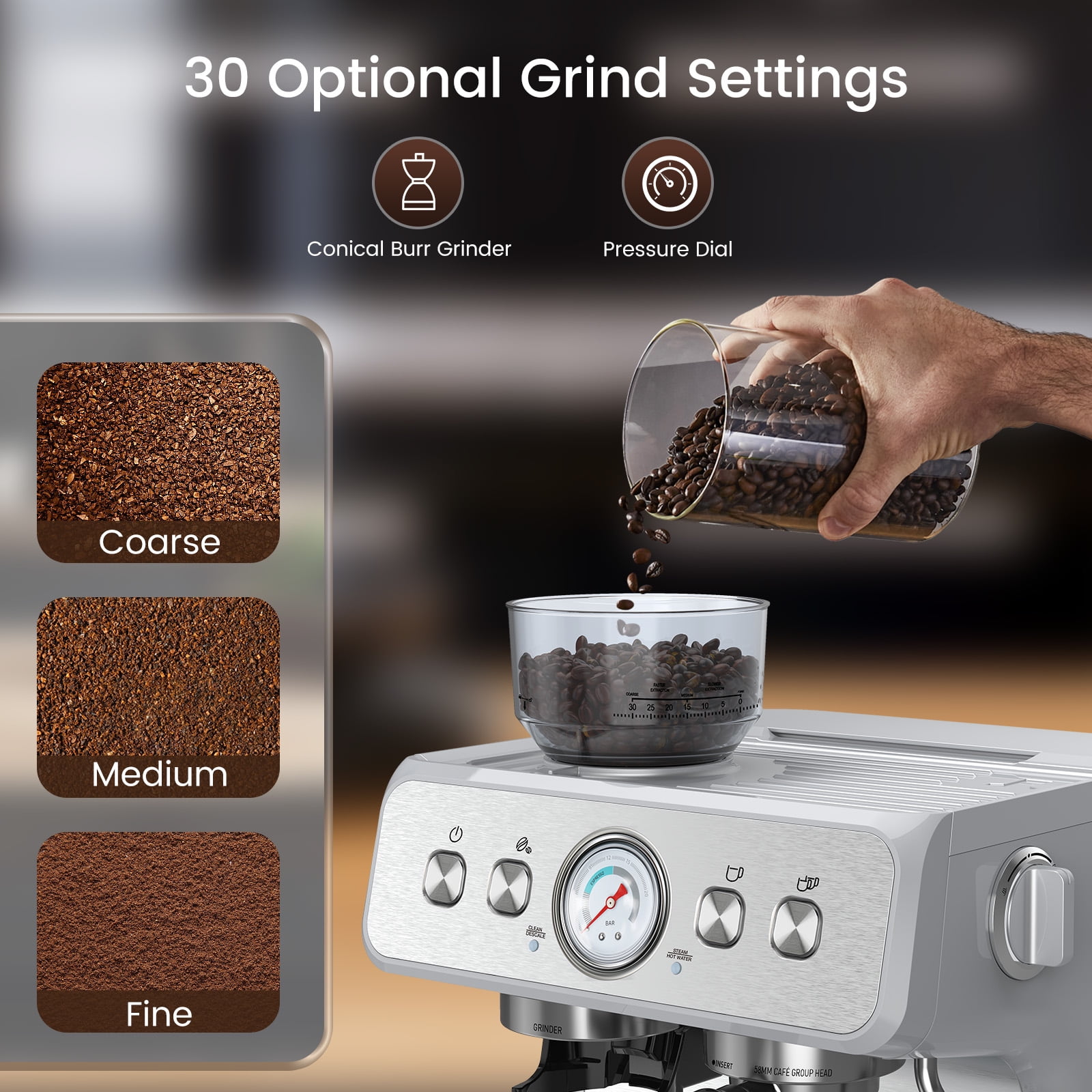 Espresso Machine,15 Bar Professional Espresso Maker with Coffee Bean Grinder Milk Frother,Coffee Machine for Espresso/Cappuccino/Latte,Single & Double Cup,Stainless Steel