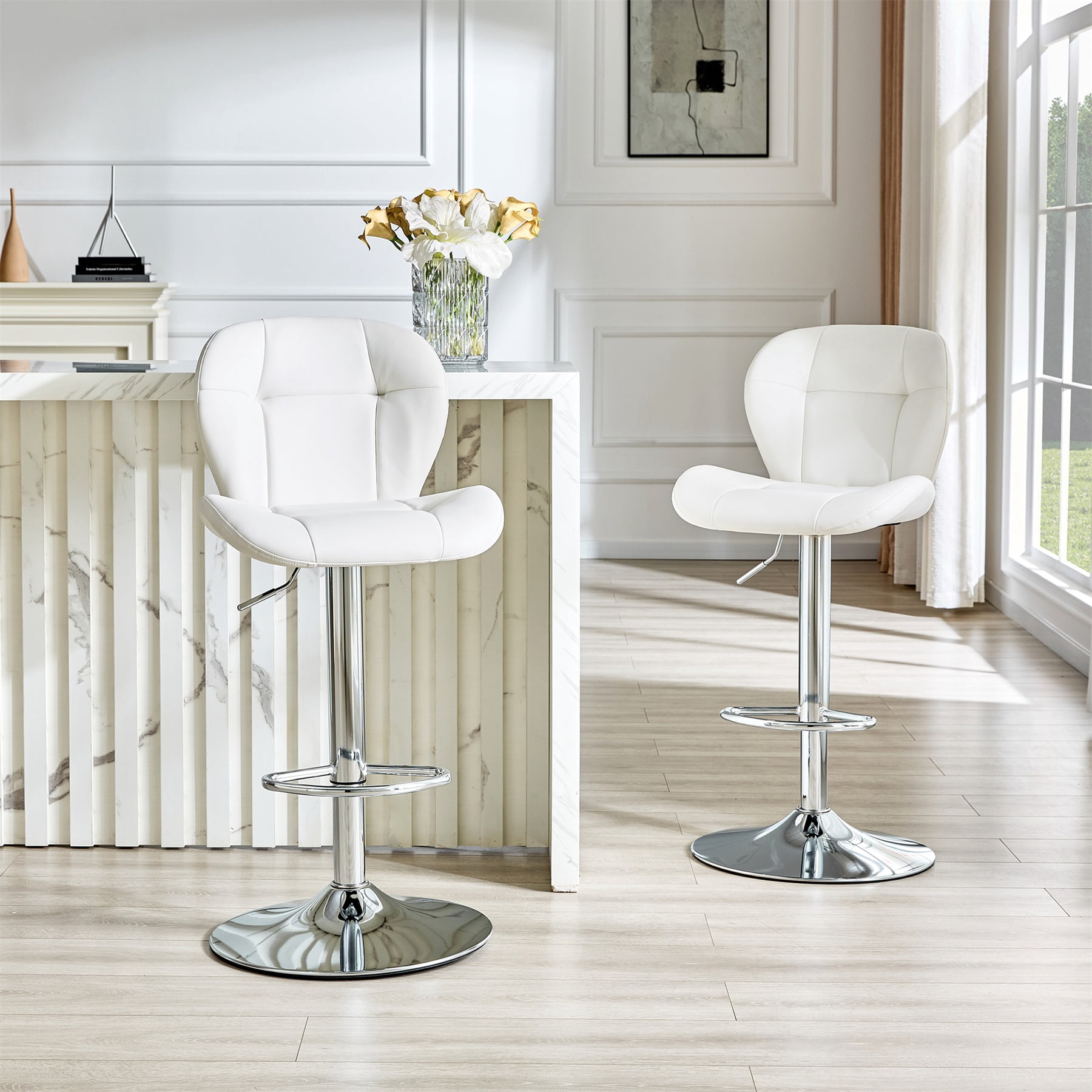 Alvantor Adjustable Bar Stools Set of 2 Modern Leather Swivel Bar Stools Counter Height Bar Chairs for Kitchen Island White