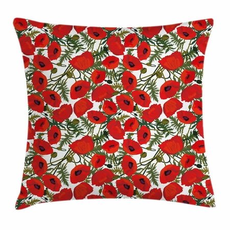 Poppy Flower Organic Horn - Poppy Throw Pillow Cushion Cover, Abstract Flower Pattern with Garden Foliage Botanical Bouquets Organic Meadows, Decorative Square Accent Pillow Case, 18 X 18 Inches, Green Red White, by Ambesonne