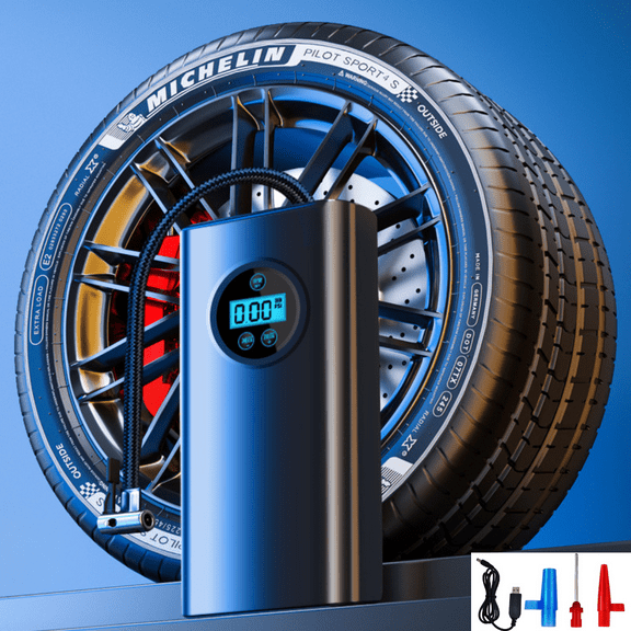 FTCBJJA Portable Air Pump, 150PSI Rechargeable Air Compressor for Car Tires with Battery, Cordless Tire Inflator with Pressure Gauge & LCD Dual Screen, for Cars, Motorcycles, Bikes, Balls