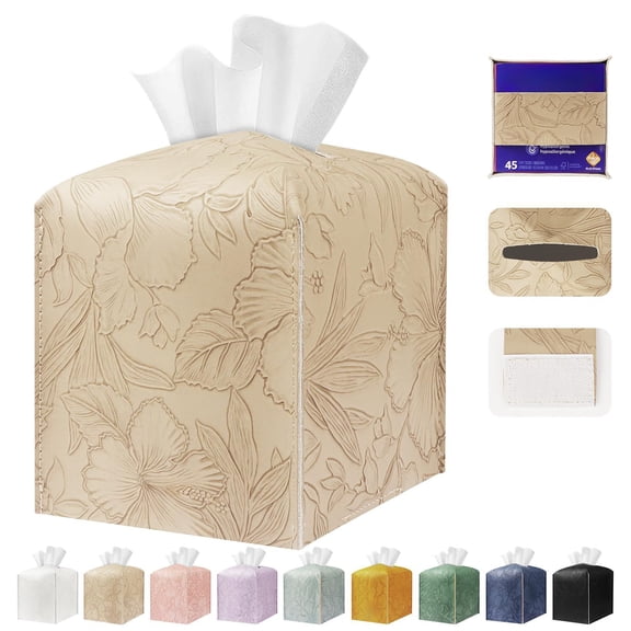 Tissue Box Holder Cover Square Tissue Cube Cover PU Leather Tissue Organizer with Bottom Belt for Bathroom, Tabletop, Kitchen, Night Stands, Office, Home, Car (SoftBeige)