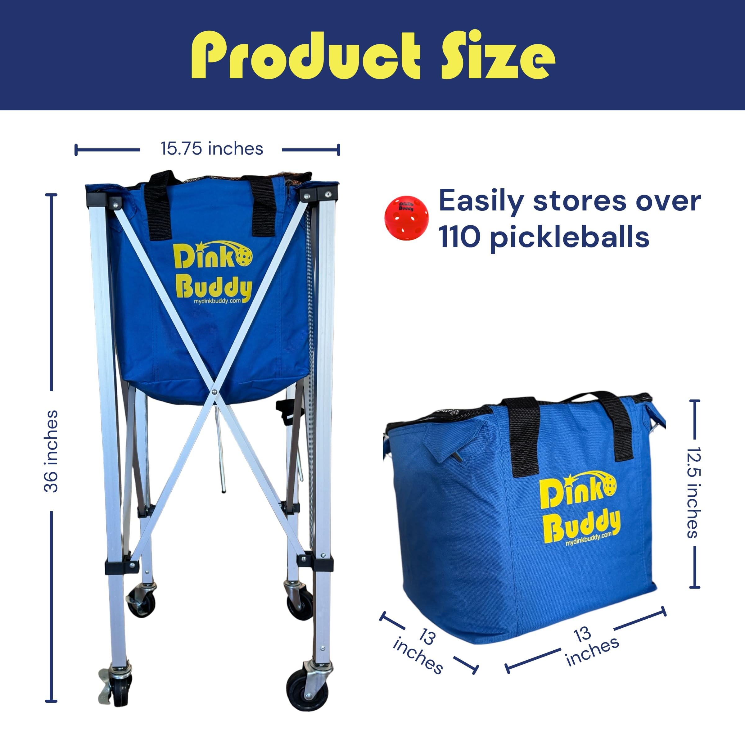 Dink Buddy Pickleball Hopper with Wheels – Portable Ball Caddy – Pickleball Basket holds 110 Balls – Tennis Hopper with Wheels