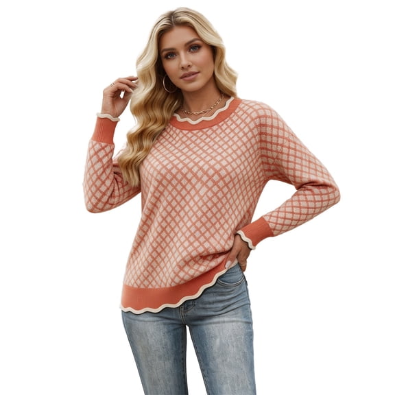 Womens Fall Sweaters Diamond Plaid Crewneck Sweater, Contrast White Wavy Edge Long Sleeve Drop‑Shoulder Loose Knit Pullover Top(Light Pink,L)