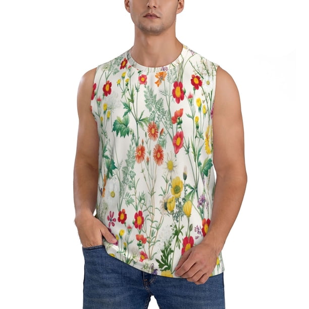 Fotbe Spring floral Men's Camiseta sin Mangas Estampada para Hombres, Playera Casual para Gimnasio, Entrenamiento, Playa-Large