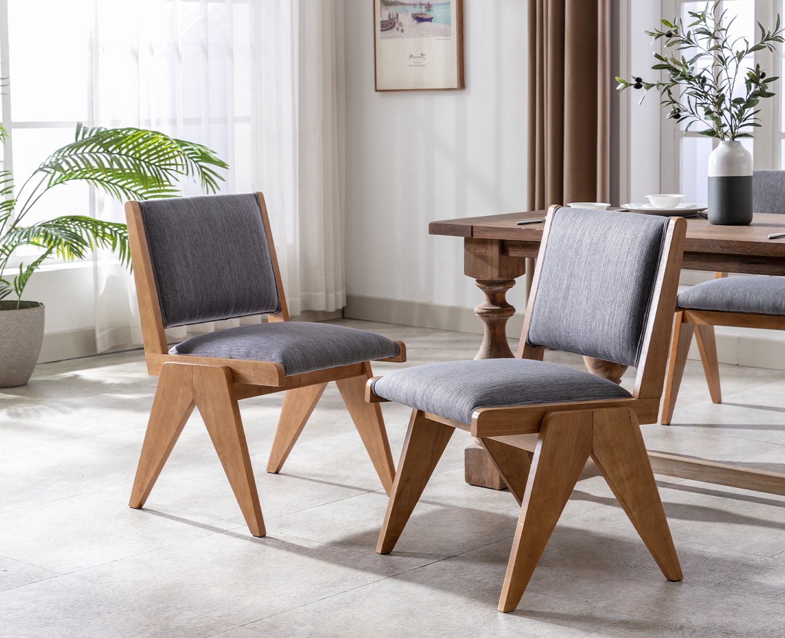 Guyou Mid Century Modern Dining Chair Set of 2, Linen Upholstered