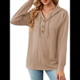 thumbnail image 3 of Sudadera con Capucha para Mujer, de Punto, de Larga, con Cordón Ajustable, Botones, Cuello en V, Informal, Tipo Jersey, con Capucha Caqui M, 3 of 9