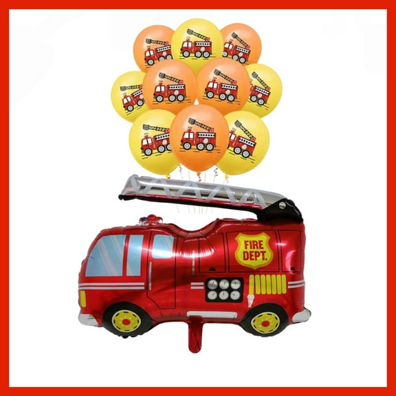 Fire Truck Balloon Bouquet (11pcs) - 32 Inch Mylar & 12 Inch Latex, Fireman Party Decorations