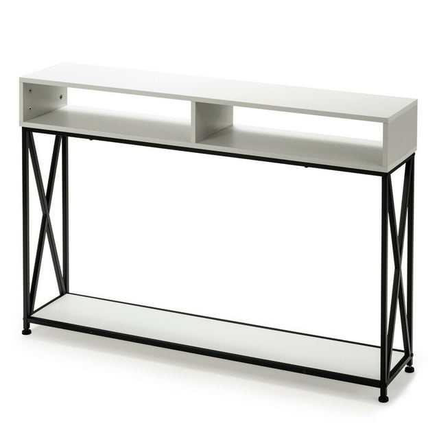 Gymax Table Console avec Étagère Ouverte et Compartiments de Rangement Cadre en Acier Blanc