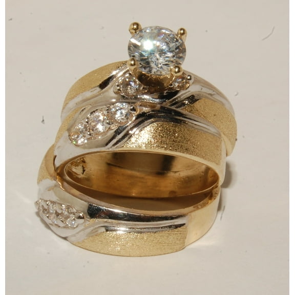 TAAPSEE JEWELS 14k Yellow Gold Finish Wedding Bands & Engagement ring Man's & ladies Trio Set His/Hers