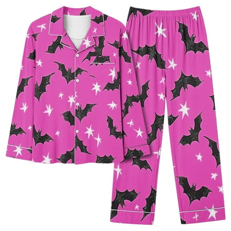Yufatyle Women s 2 Piece Pajama Sets Halloween Bat Spider Printed Pj Sets Sleepwear Button Up Shirt with Pants Lounge Set Hot Pink S