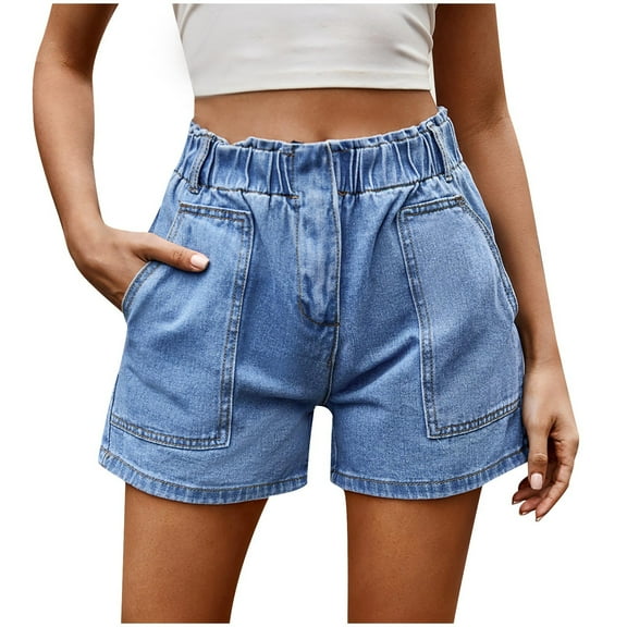 Edvintorg Shorts for Women Trendy Summer Classic Denim Shorts Women's Solid Elastic Waist Zipper Pocket Shorts Fashion Casual Short Jeans Blue XL
