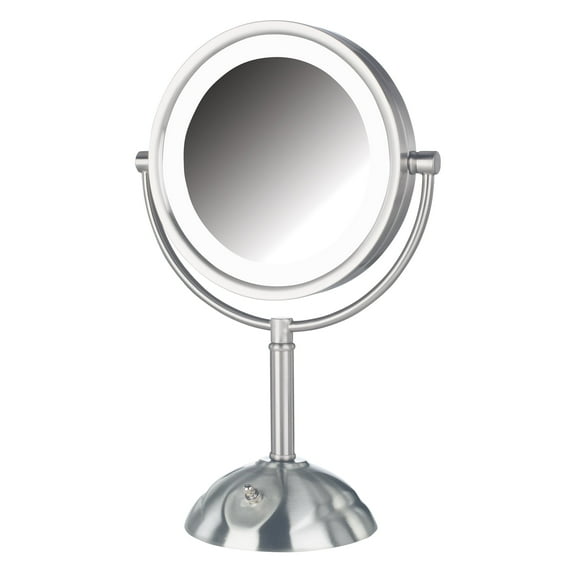 JERDON Lighted Tabletop Makeup Mirror - 1X and 8X Magnification - Nickel Finish - 8.5-Inch Diameter Vanity Mirror – Plug In - Model HL8808NL