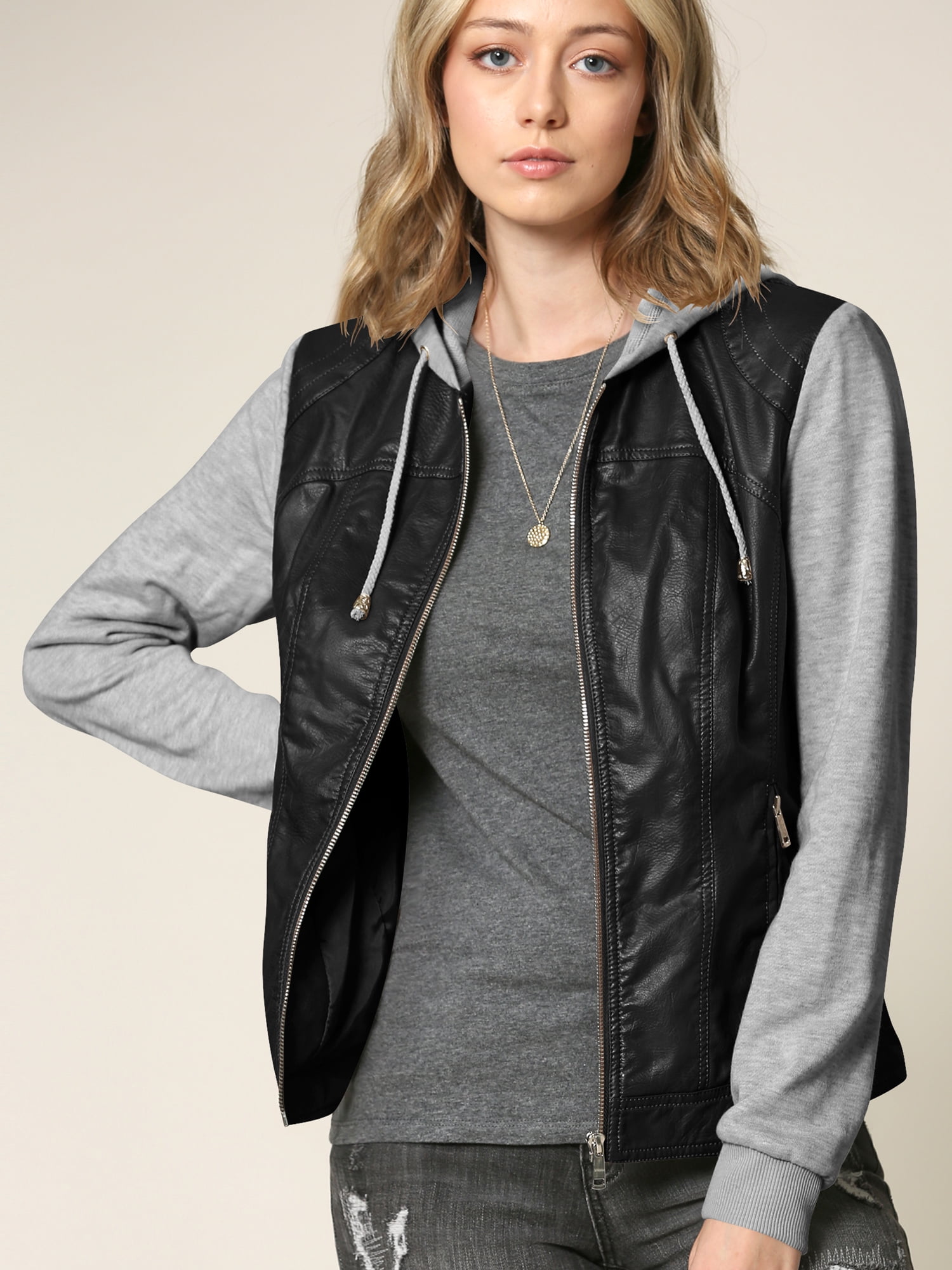 Made by Johnny Women's Faux Leather Zip Up Moto Biker Jacket with Hoodie L BLACK_H.GREY