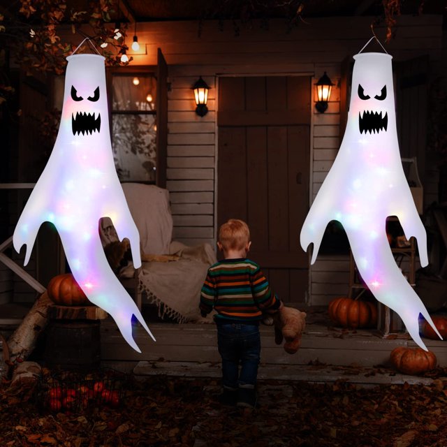 Decoración espeluznante de Halloween, decoración de Halloween fantasma de 120 cm para interiores y exteriores con luz LED, esqueleto de decoración de Halloween - 2 piezas