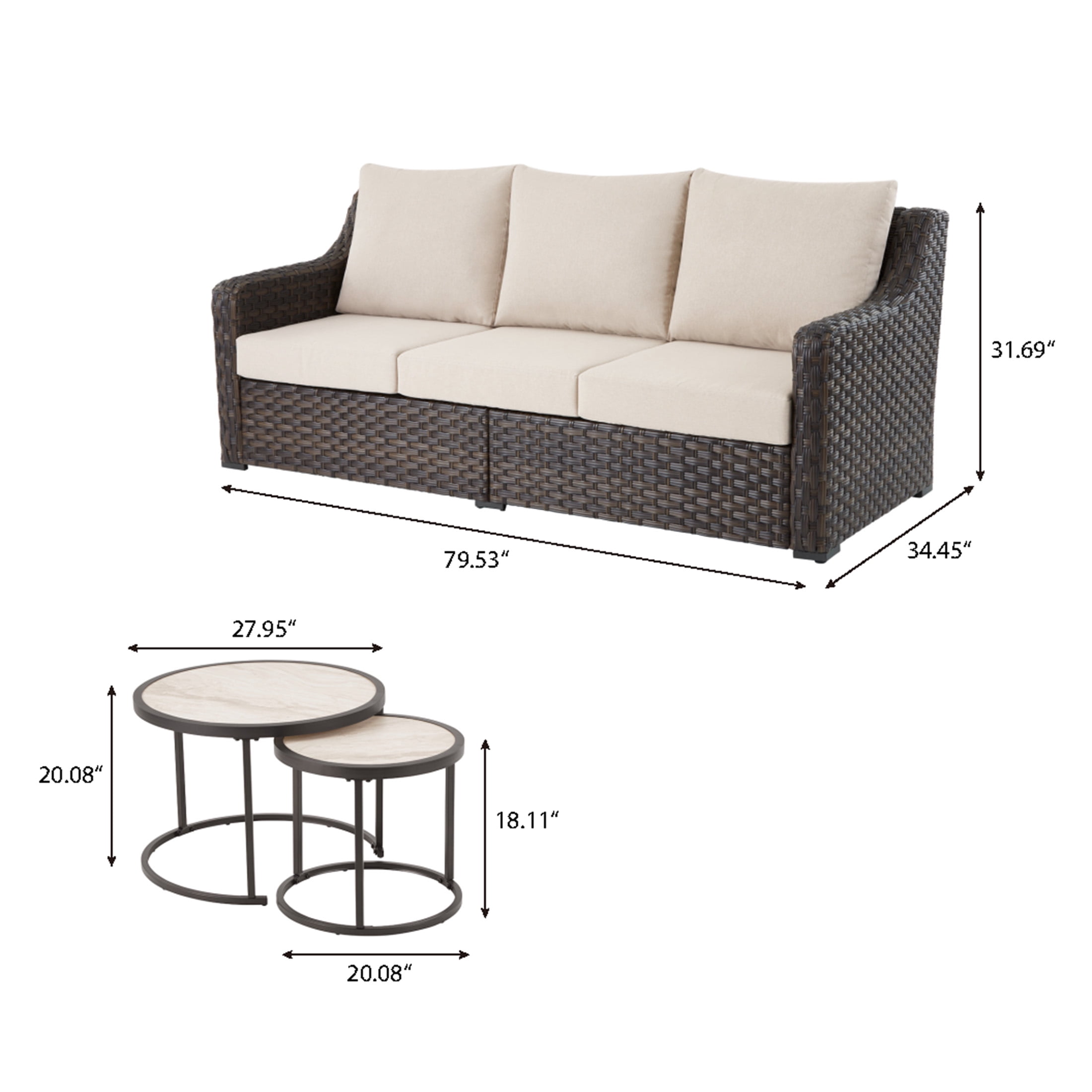 Better Homes & Gardens River Oaks Outdoor Sofa & 2 Nesting Tables with Patio Cover, Dark Brown