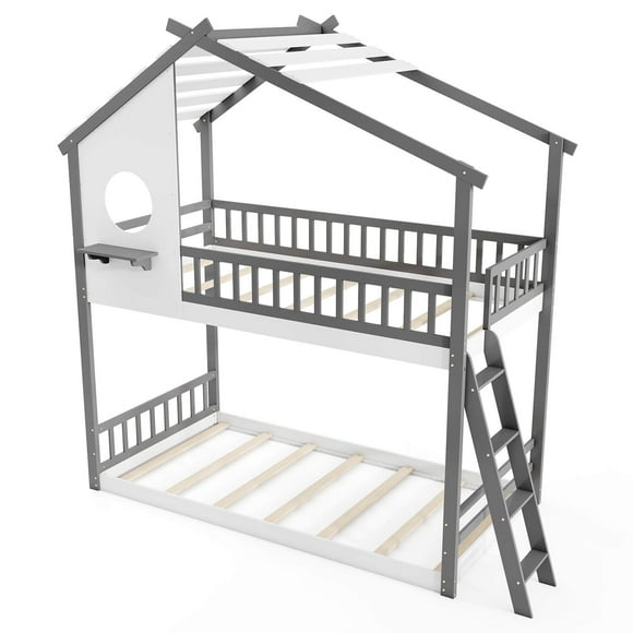 Costway Twin over Twin House Bunk Bed with Roof Ladder & Full-length Guardrails for Kids
